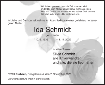 Traueranzeige von Ida Schmidt von Siegener Zeitung