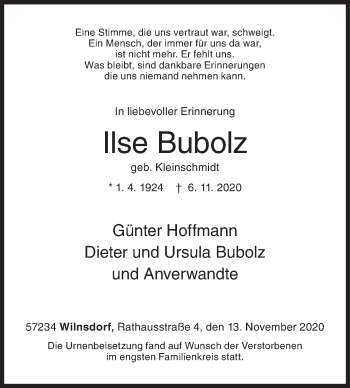 Traueranzeige von Ilse Bubolz von Siegener Zeitung