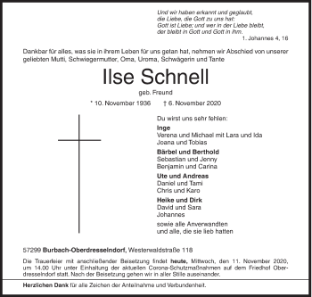 Traueranzeige von Ilse Schnell von Siegener Zeitung