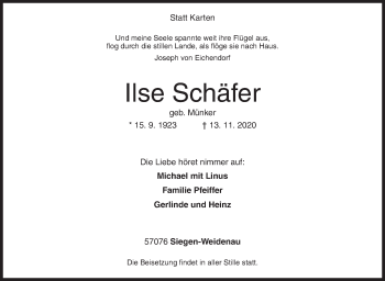 Traueranzeige von Ilse Schäfer von Siegener Zeitung
