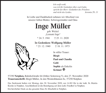 Traueranzeige von Inge Müller von Siegener Zeitung