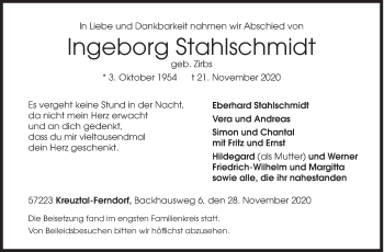 Traueranzeige von Ingeborg Stahlschmidt von Siegener Zeitung