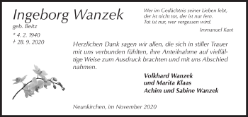 Traueranzeige von Ingeborg Wanzek von Siegener Zeitung