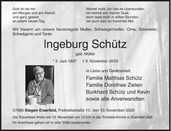 Traueranzeige von Ingeburg Schütz von Siegener Zeitung