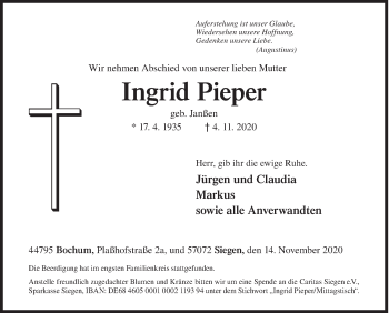 Traueranzeige von Ingrid Pieper von Siegener Zeitung