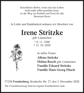 Traueranzeige von Irene Stritzke von Siegener Zeitung