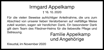 Traueranzeige von Irmgard Appelkamp von Siegener Zeitung
