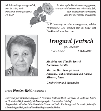 Traueranzeige von Irmgard Jentsch von Siegener Zeitung