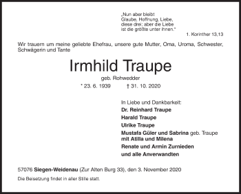 Traueranzeige von Irmhild Traupe von Siegener Zeitung
