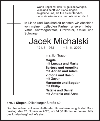 Traueranzeige von Jacek Michalski von Siegener Zeitung
