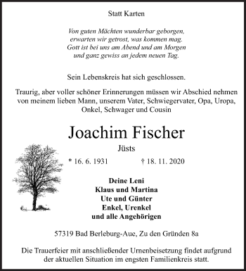 Traueranzeige von Joachim Fischer von Siegener Zeitung
