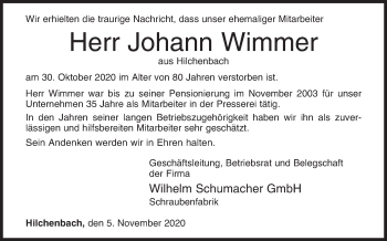 Traueranzeige von Johann Wimmer von Siegener Zeitung
