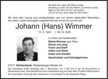 Traueranzeige von Johann Hans Wimmer von Siegener Zeitung