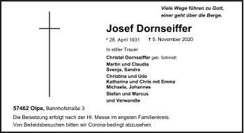 Traueranzeige von Josef Dornseiffer von Siegener Zeitung