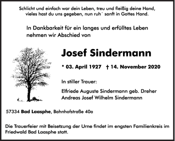 Traueranzeige von Josef Sindermann von Siegener Zeitung