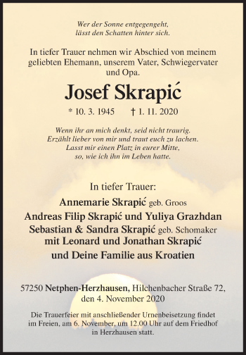 Traueranzeige von Josef Skrapic von Siegener Zeitung
