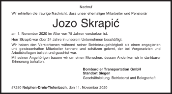 Traueranzeige von Jozo Skrapic von Siegener Zeitung