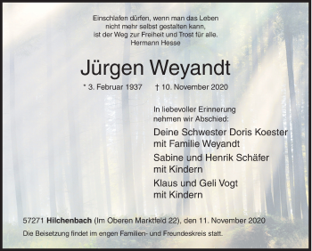 Traueranzeige von Jürgen Weyandt von Siegener Zeitung