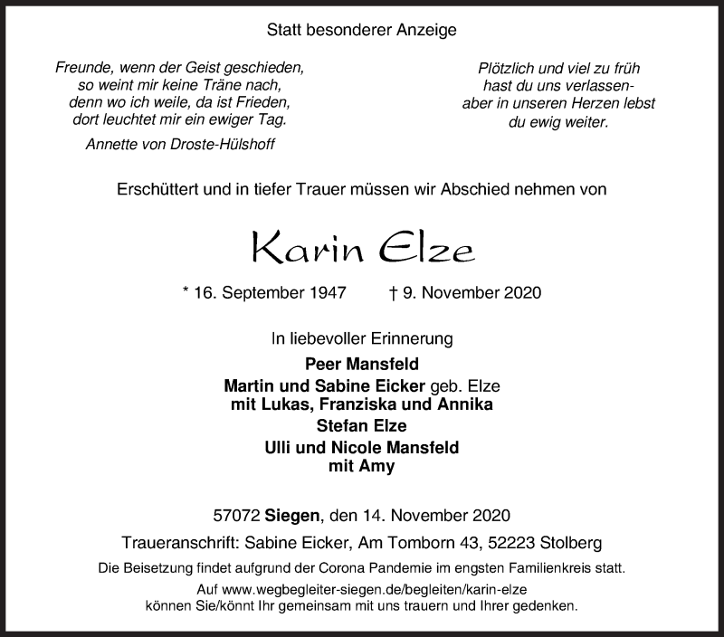  Traueranzeige für Karin Elze vom 14.11.2020 aus Siegener Zeitung