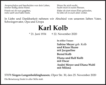 Traueranzeige von Karl Kolb von Siegener Zeitung