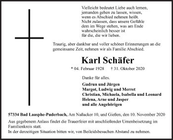 Traueranzeige von Karl Schäfer von Siegener Zeitung