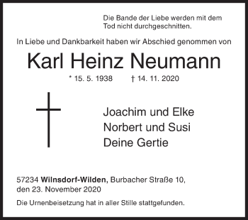 Traueranzeige von Karl Heinz Neumann von Siegener Zeitung