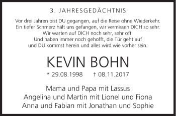 Traueranzeige von Kevin Bohn von Siegener Zeitung