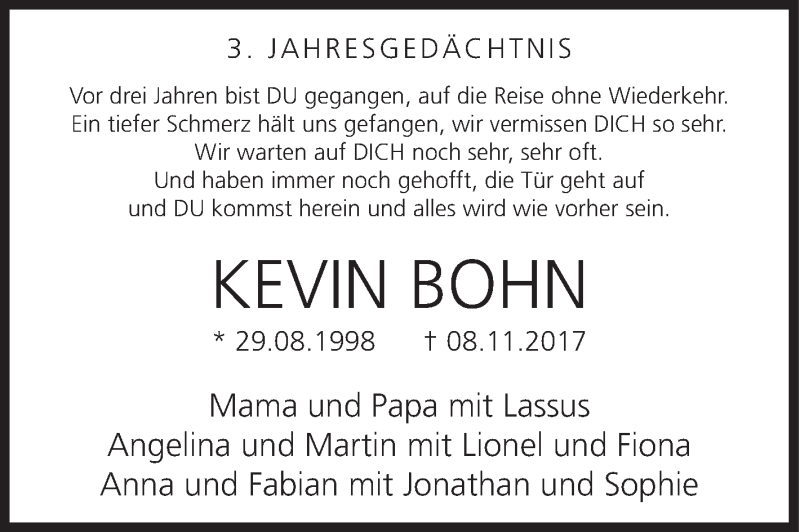  Traueranzeige für Kevin Bohn vom 09.11.2020 aus Siegener Zeitung