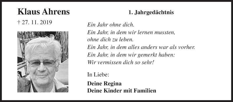  Traueranzeige für Klaus Ahrens vom 27.11.2020 aus Siegener Zeitung
