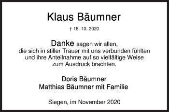 Traueranzeige von Klaus Bäumner von Siegener Zeitung