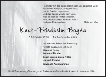 Traueranzeige von Knut-Friedhelm Bogda von Siegener Zeitung