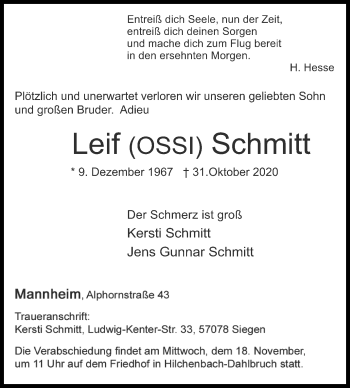 Traueranzeige von Leif Schmitt von Siegener Zeitung