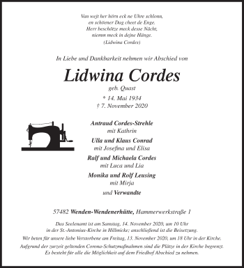 Traueranzeige von Lidwina Cordes von Siegener Zeitung
