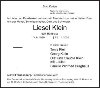 Traueranzeige von Liesel Klein von Siegener Zeitung