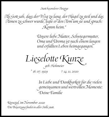 Traueranzeige von Lieselotte Kunze von Siegener Zeitung