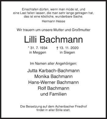 Traueranzeige von Lilli Bachmann von Siegener Zeitung