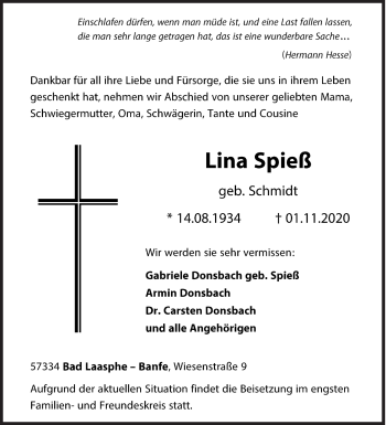 Traueranzeige von Lina Spieß von Siegener Zeitung