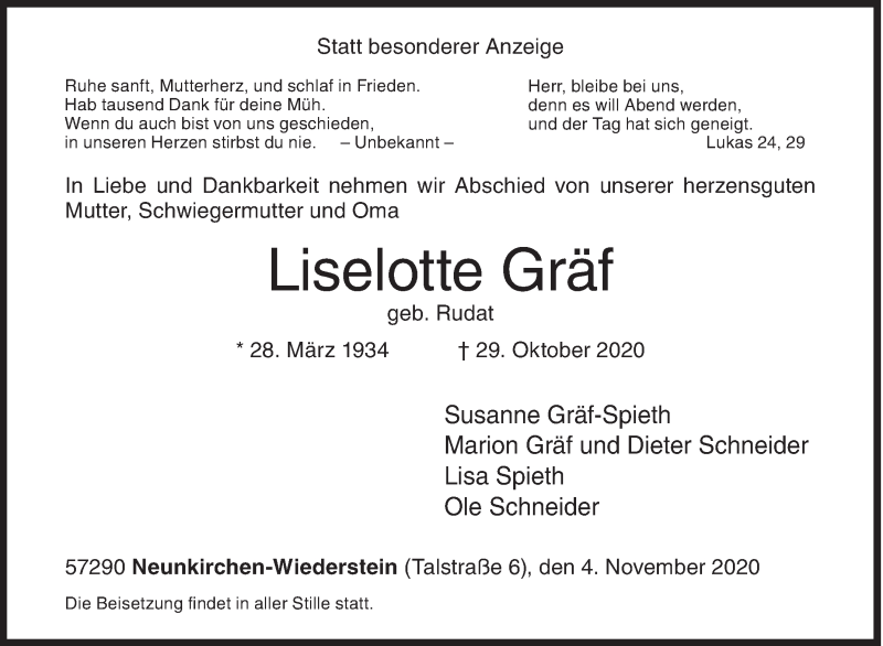  Traueranzeige für Liselotte Gräf vom 04.11.2020 aus Siegener Zeitung