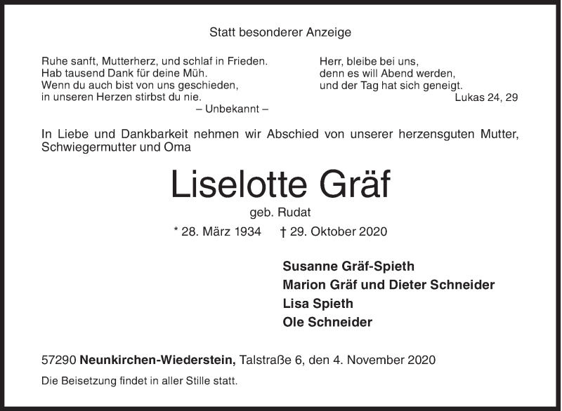  Traueranzeige für Liselotte Gräf vom 04.11.2020 aus Siegener Zeitung