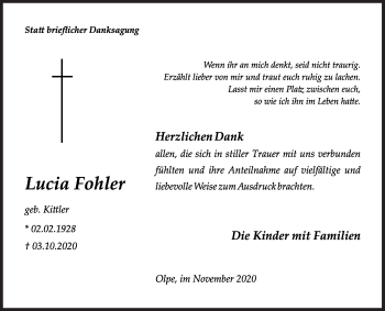 Traueranzeige von Lucia Fohler von Siegener Zeitung