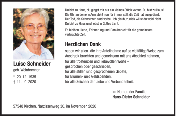 Traueranzeige von Luise Schneider von Siegener Zeitung