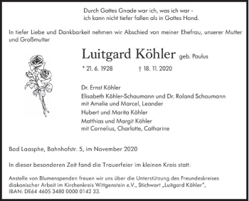 Traueranzeige von Luitgard Köhler von Siegener Zeitung