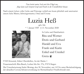 Traueranzeige von Luzia Heß von Siegener Zeitung