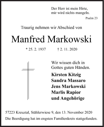 Traueranzeige von Manfred Markowski von Siegener Zeitung