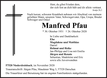 Traueranzeige von Manfred Pfau von Siegener Zeitung