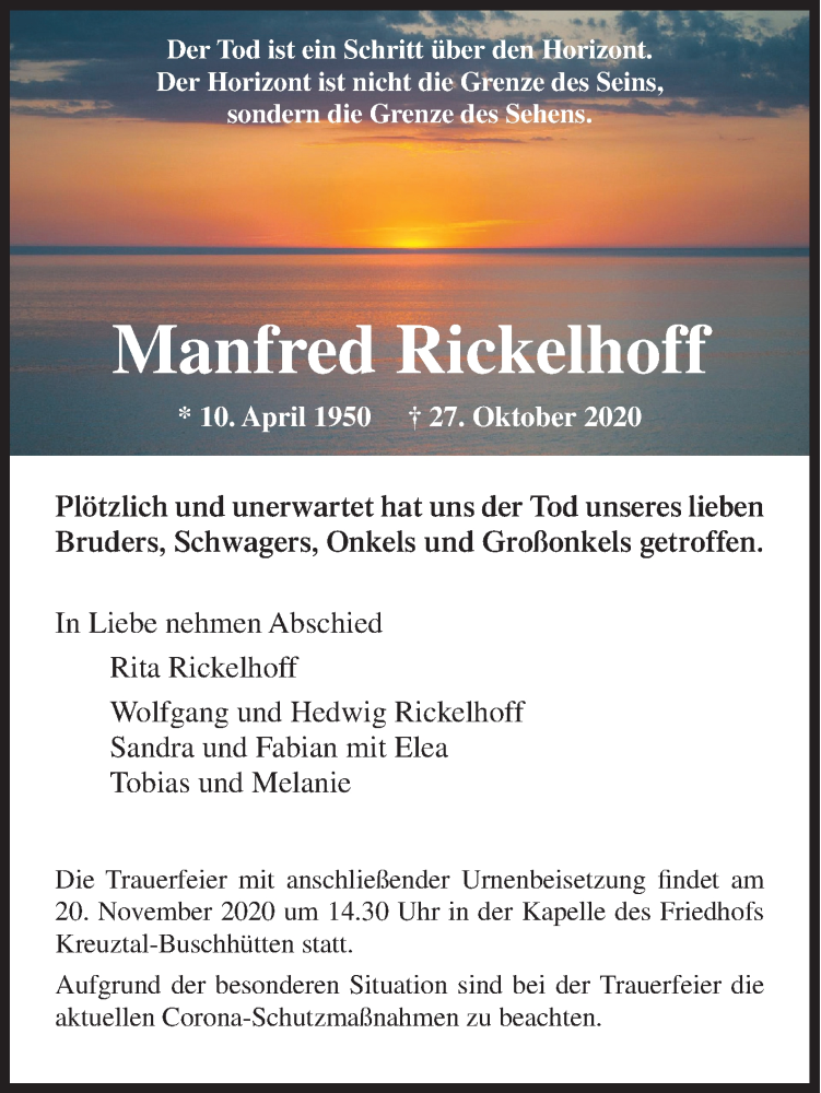  Traueranzeige für Manfred Ricke vom 18.11.2020 aus Siegener Zeitung
