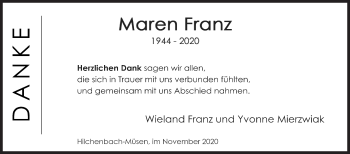 Traueranzeige von Maren Franz von Siegener Zeitung