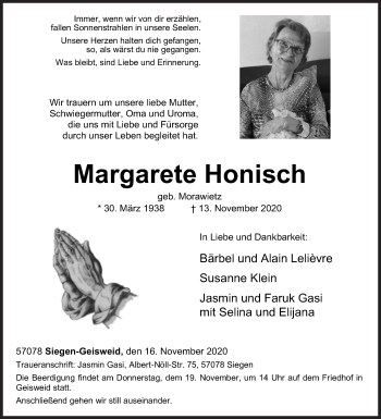 Traueranzeige von Margarete Honisch von Siegener Zeitung