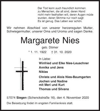Traueranzeige von Margarete Nies von Siegener Zeitung