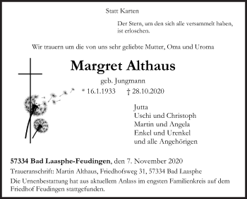 Traueranzeige von Margret Althaus von Siegener Zeitung